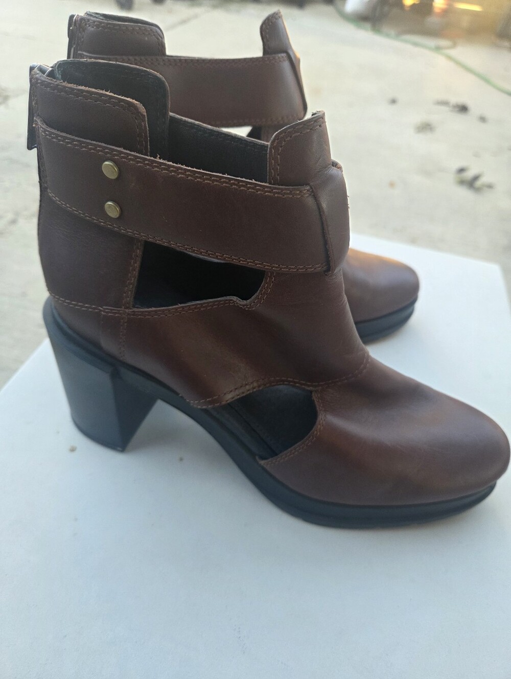 Sorel Brown Leather Cutout Heeled Ankle Boots
